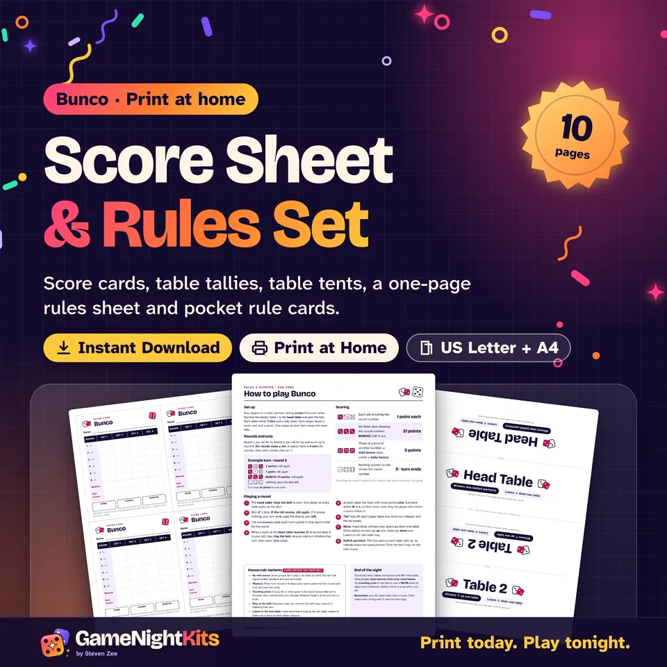 Bunco Score Sheet & Rules Set printable cover