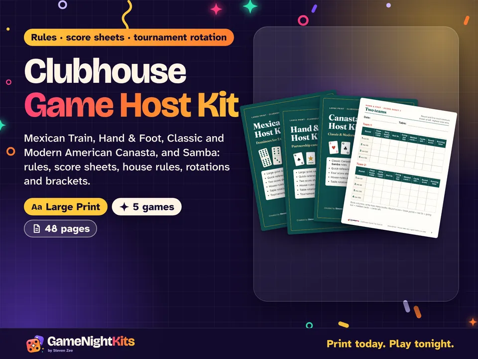 Pages from the Clubhouse Game Host Kit: large-print rules and score sheets for Mexican Train, Hand and Foot, Canasta and Samba